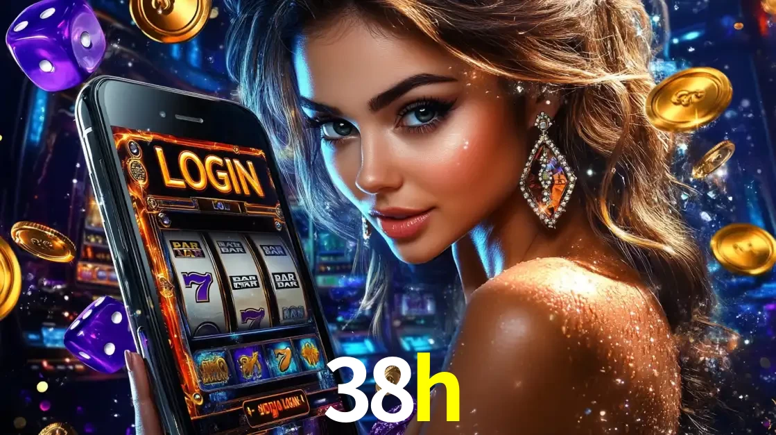 Mulher glamorosa segurando um smartphone com a tela de login para os jogos de caça-níqueis do cassino online 38h, com moedas de ouro e dados ao redor.